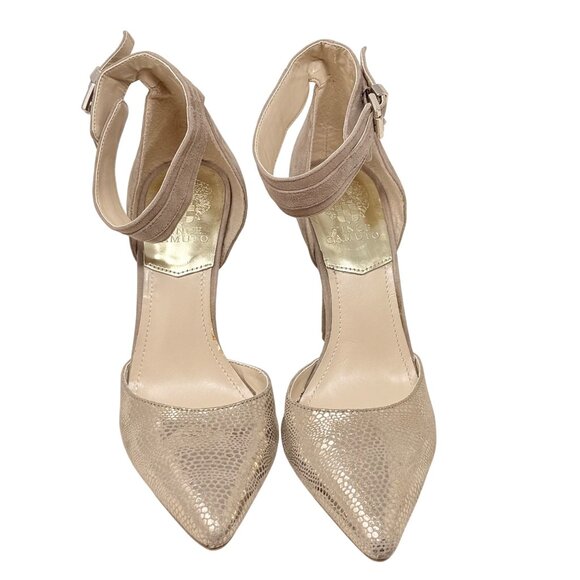 Vince Camuto Lyla Leather Beige Gold Ankle Strap Heels Nude Size 9M /39 - READ‎ - Picture 3 of 12